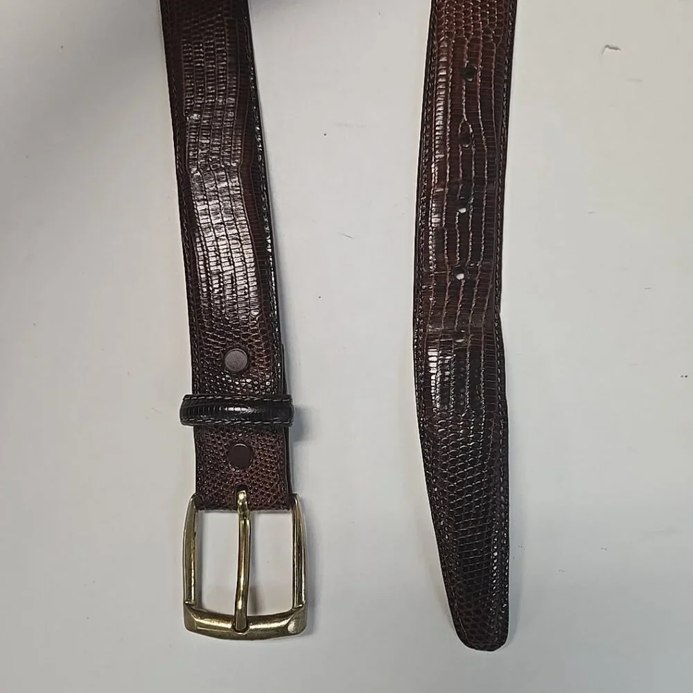 TORINO Elite Ringmark Lizard Brown Leather Belt Gold Tone Brass Buckle Size 42